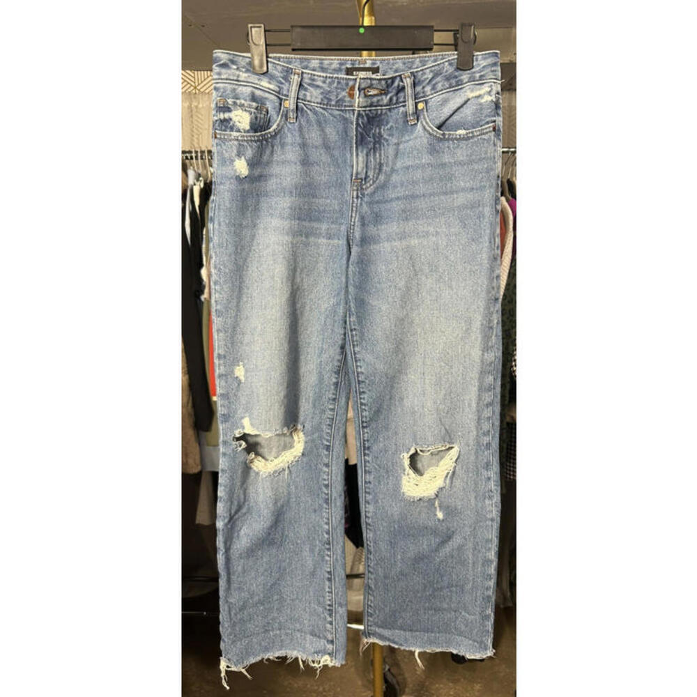 Express Jeans Womens Sz 0/R Straight Ankle Blue Distressed Ripped Denim Mid Rise